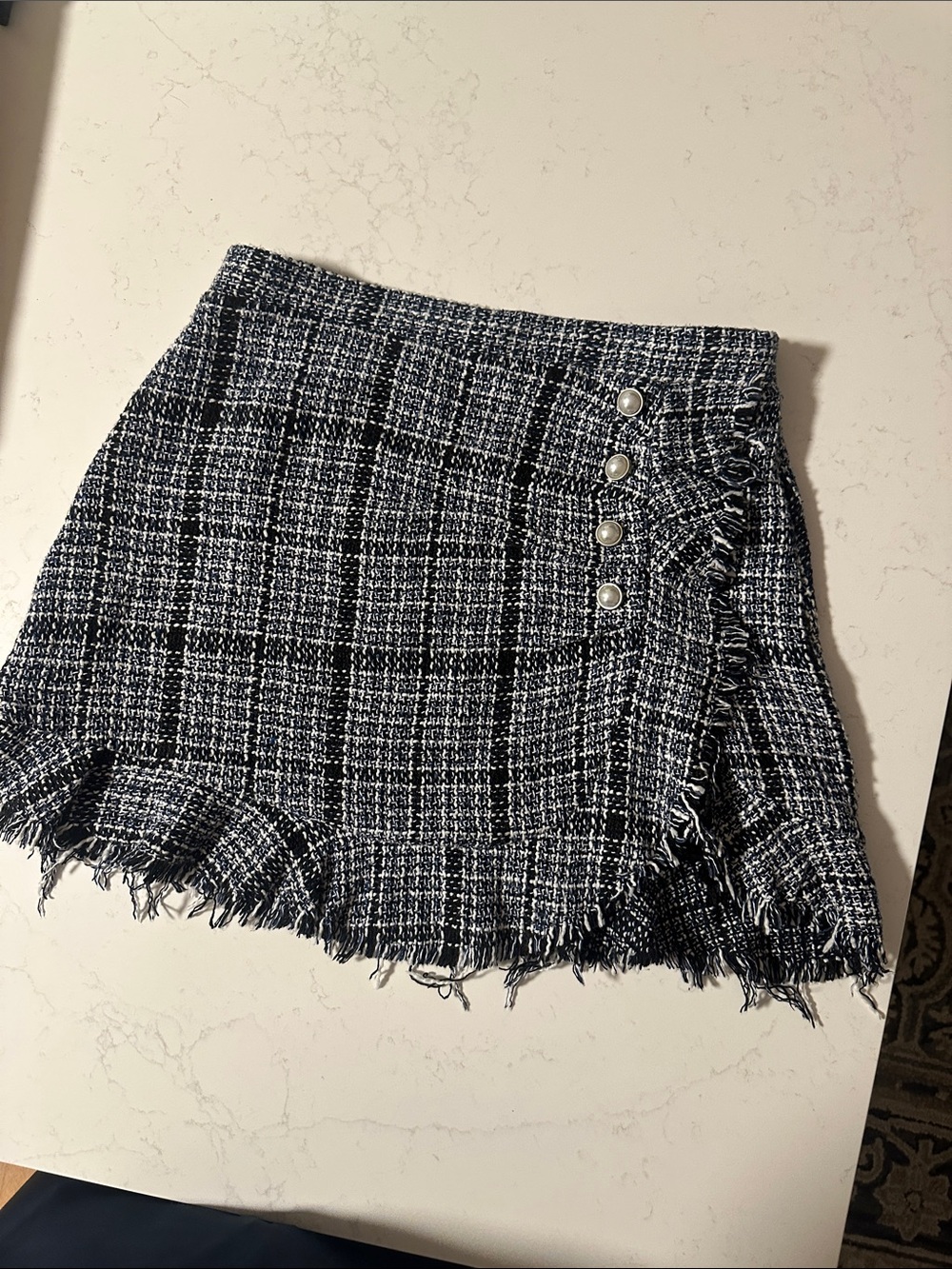 Plaid Tweed Mini Skirt with Button Detail - Navy & White